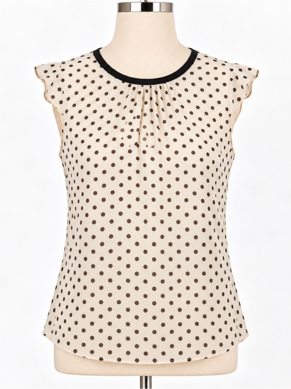 Ivory Polka Dot Ruffle Cap Sleeve Blouse Black Trim Keyhole Back